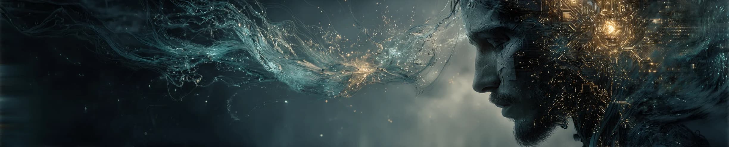 Human consciousness merging with artificial intelligence: a profile view with neural lace patterns extending into light